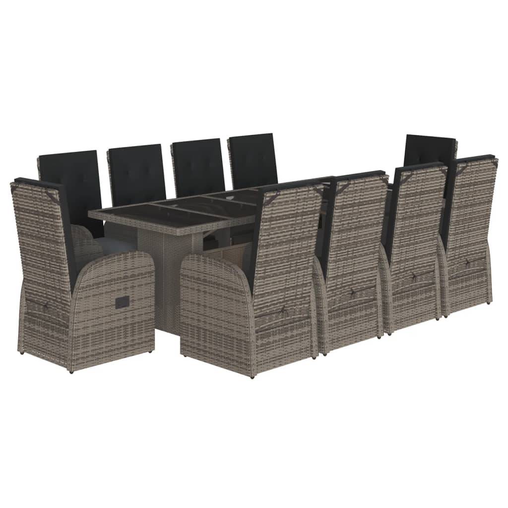 vidaXL 11-tlg. Garten-Essgruppe mit Kissen Grau Poly Rattan