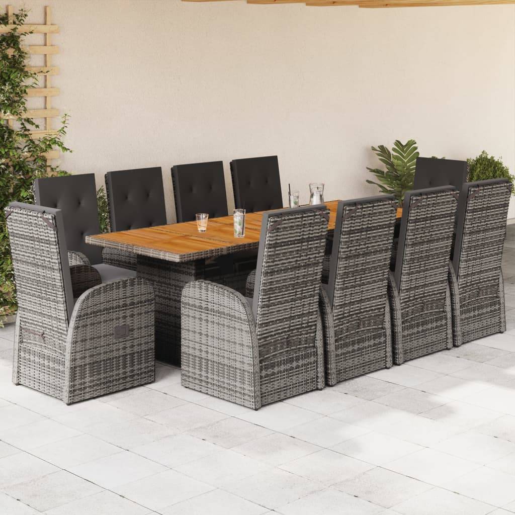vidaXL 11-tlg. Garten-Essgruppe mit Kissen Grau Poly Rattan