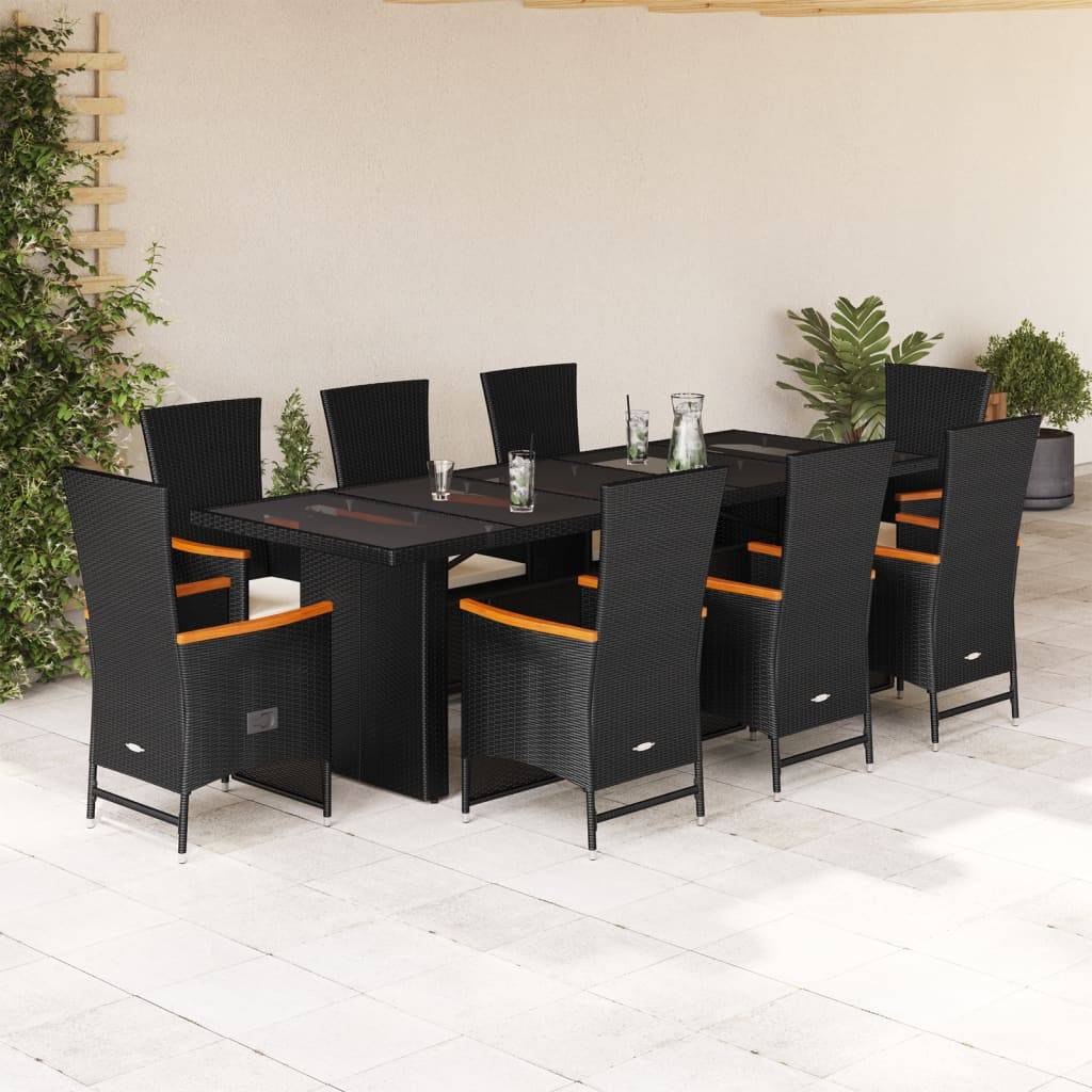 vidaXL 9-tlg. Garten-Essgruppe mit Kissen Schwarz Poly Rattan