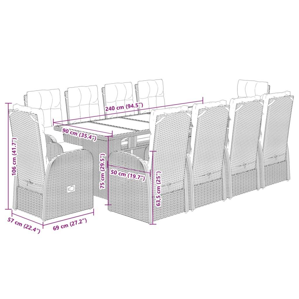 vidaXL 11-tlg. Garten-Essgruppe mit Kissen Schwarz Poly Rattan