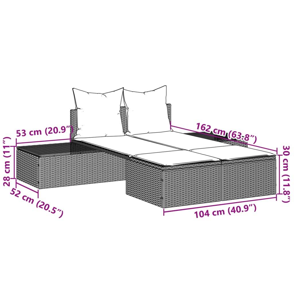 vidaXL Doppel-Sonnenliege mit Kissen Schwarz Poly Rattan