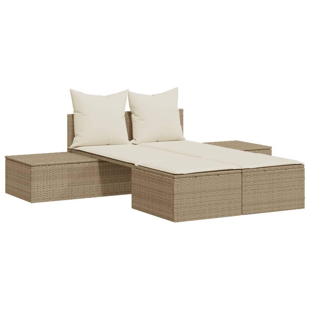 vidaXL Doppel-Sonnenliege mit Auflagen Beige Poly Rattan