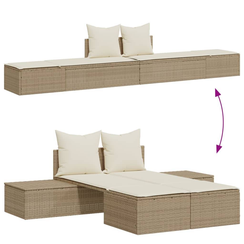 vidaXL Doppel-Sonnenliege mit Auflagen Beige Poly Rattan
