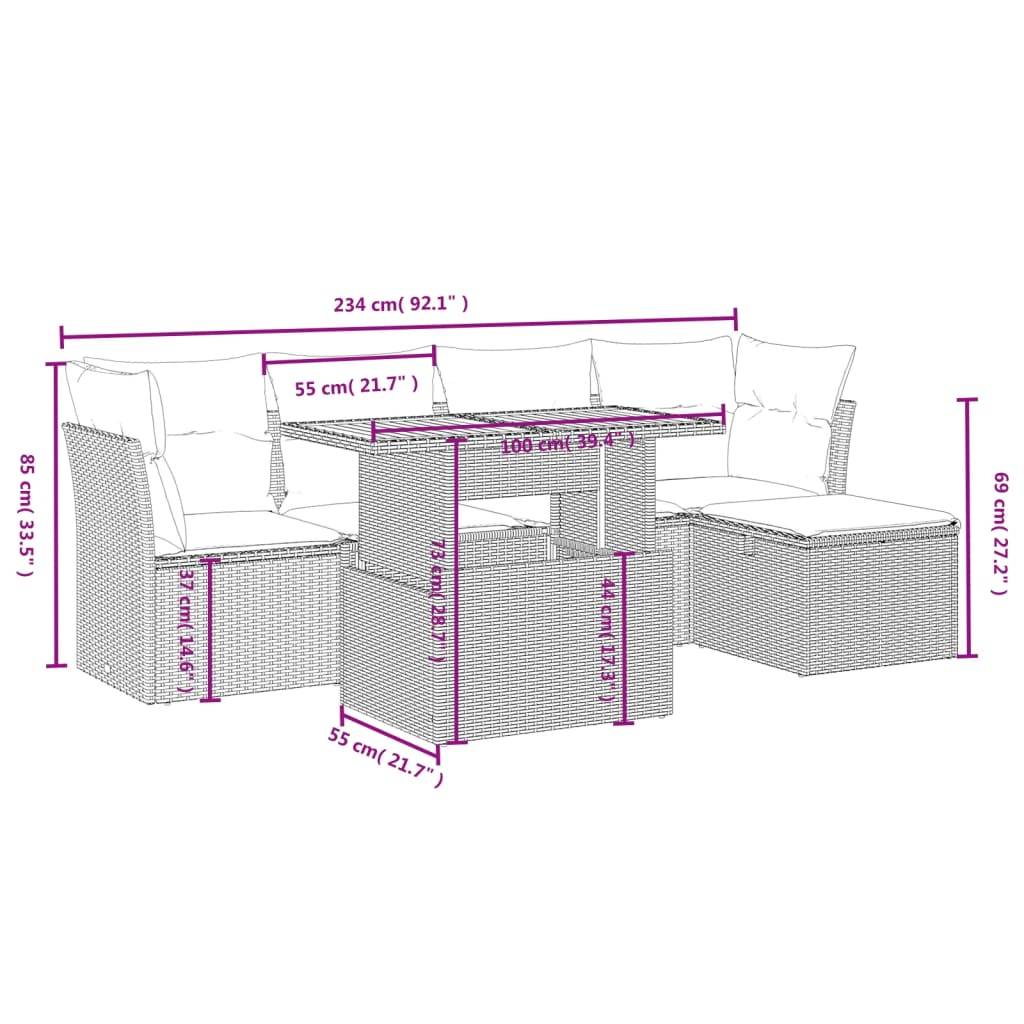 vidaXL 6-tlg. Garten-Sofagarnitur mit Kissen Grau Poly Rattan
