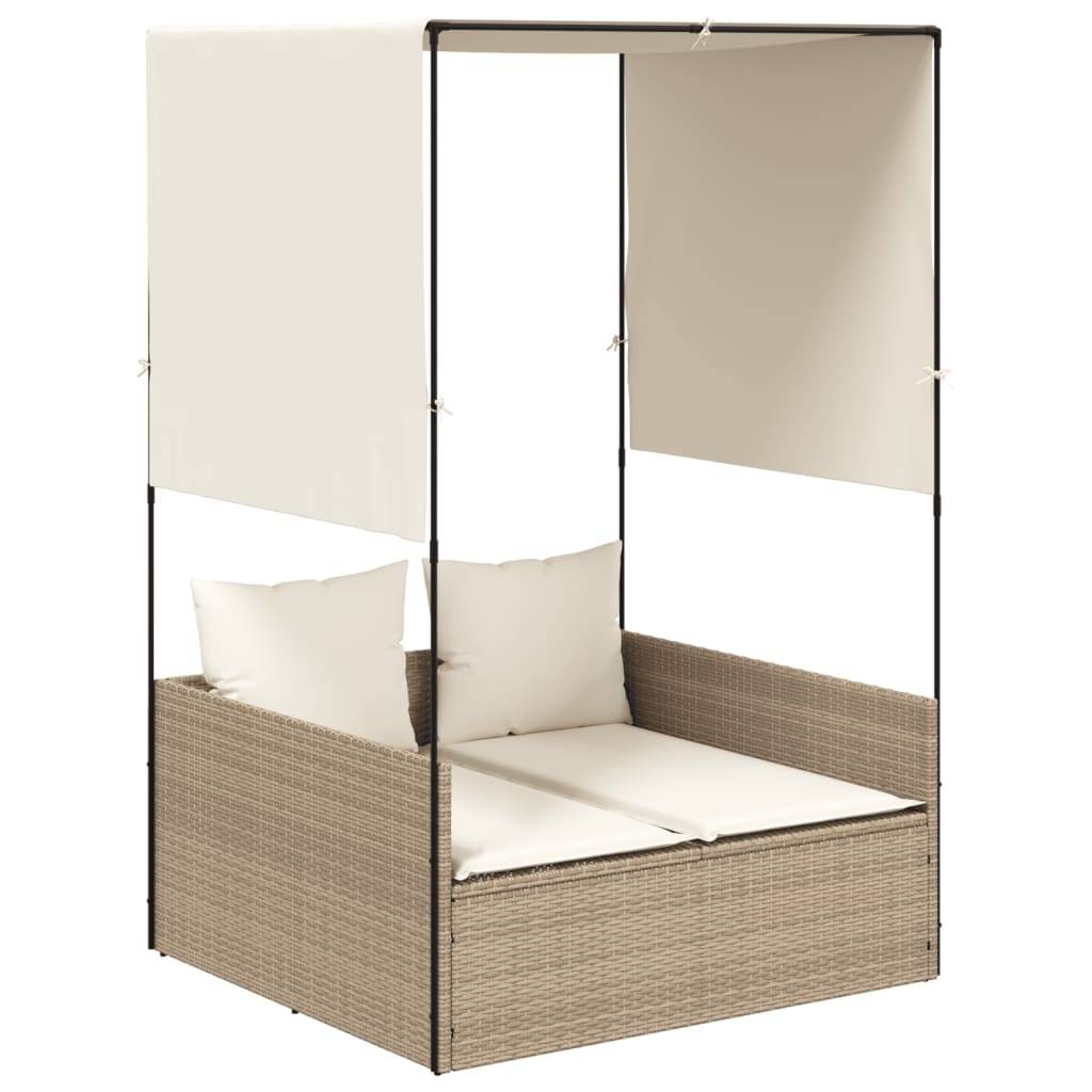 vidaXL Doppel-Sonnenliege mit Dach und Vorhängen Beige Poly Rattan