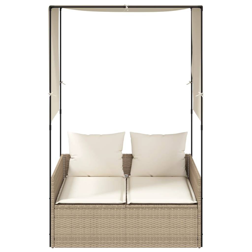 vidaXL Doppel-Sonnenliege mit Dach und Vorhängen Beige Poly Rattan