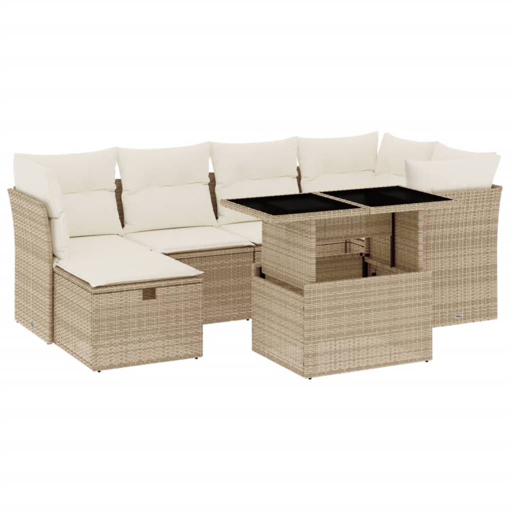 vidaXL 7-tlg. Garten-Sofagarnitur mit Kissen Beige Poly Rattan