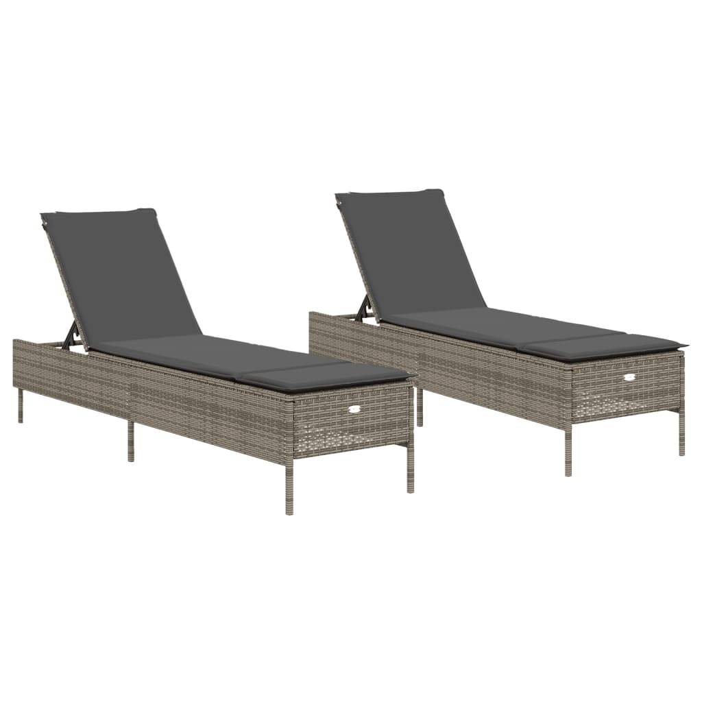 vidaXL Sonnenliegen mit Auflagen 2 Stk. Grau Poly Rattan