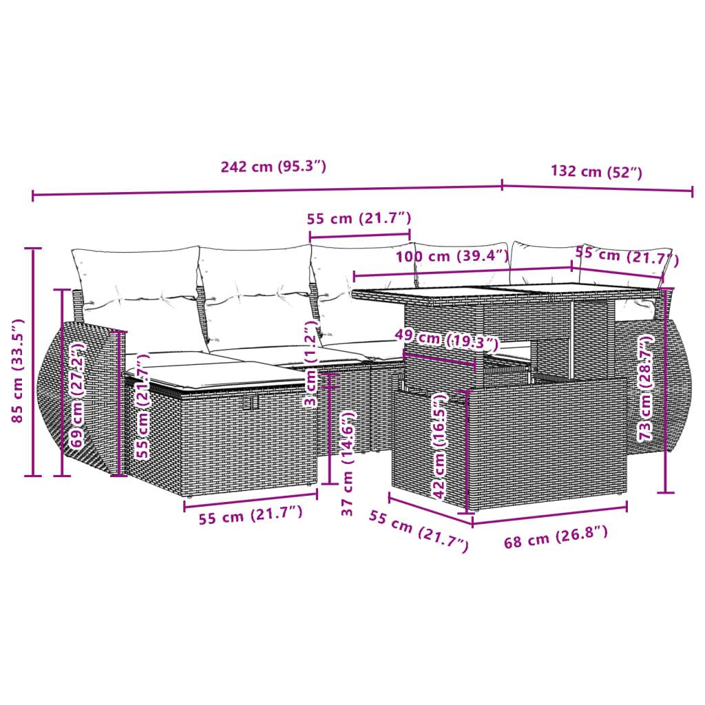 vidaXL 7-tlg. Garten-Sofagarnitur mit Kissen Hellgrau Poly Rattan