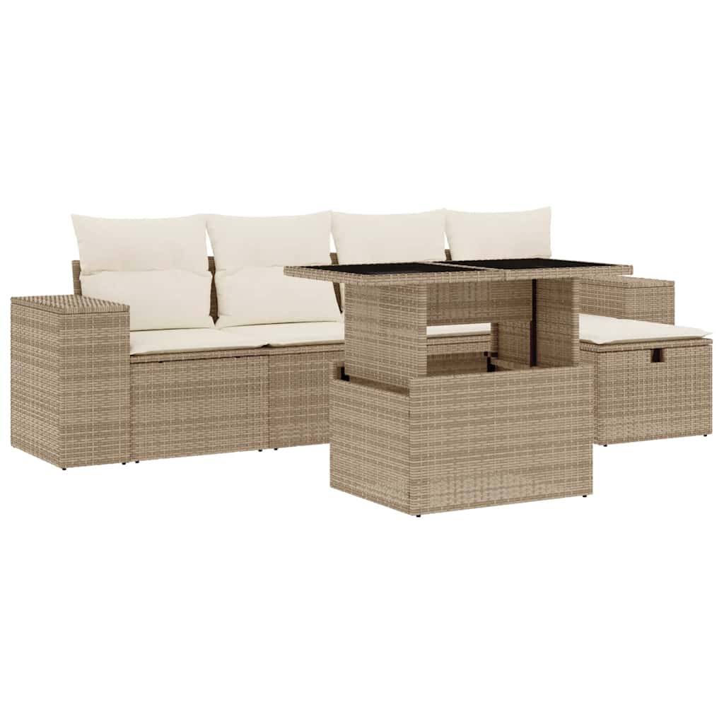 vidaXL 6-tlg. Garten-Sofagarnitur mit Kissen Beige Poly Rattan