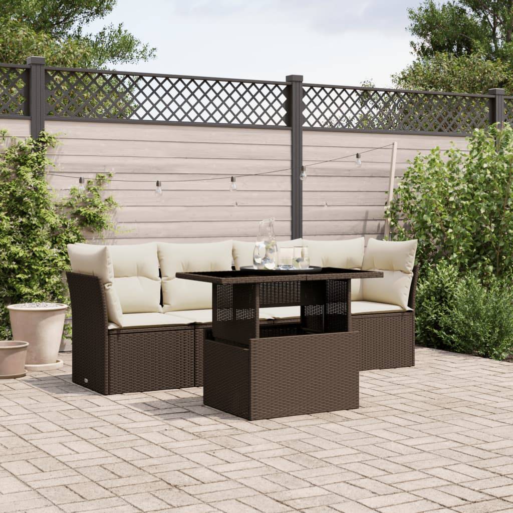 vidaXL 5-tlg. Garten-Sofagarnitur mit Kissen Braun Poly Rattan
