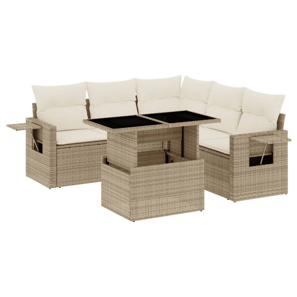 vidaXL 6-tlg. Garten-Sofagarnitur mit Kissen Beige Poly Rattan