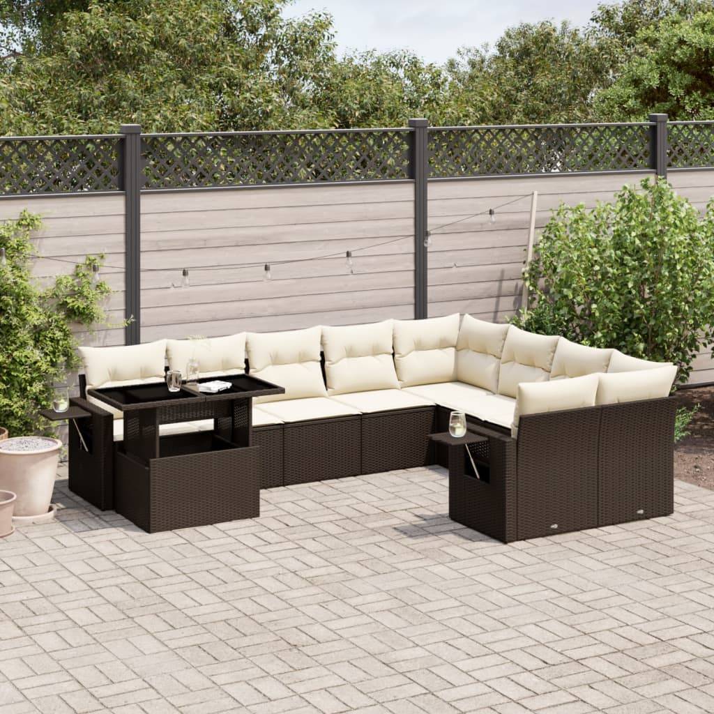 vidaXL 10-tlg. Garten-Sofagarnitur mit Kissen Braun Poly Rattan