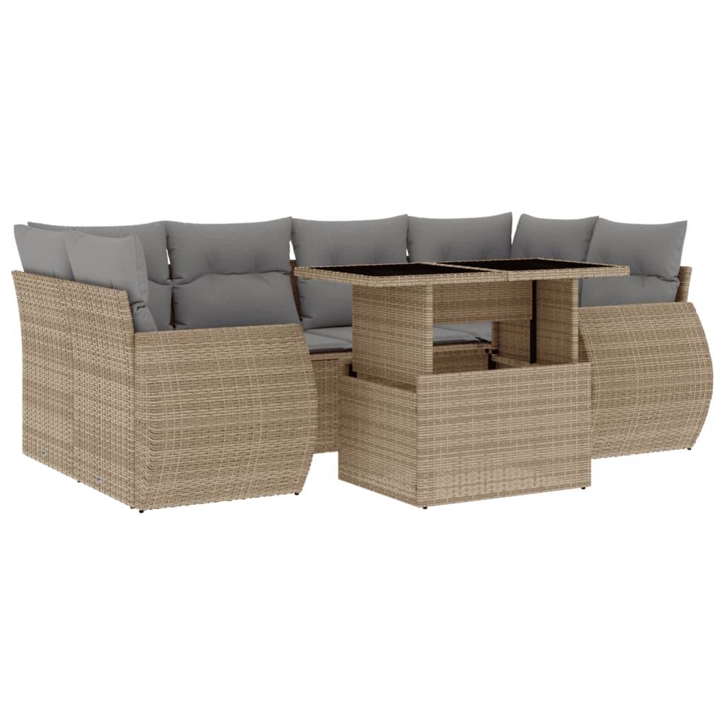 vidaXL 7-tlg. Garten-Sofagarnitur mit Kissen Beige Poly Rattan