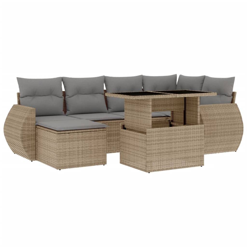 vidaXL 7-tlg. Garten-Sofagarnitur mit Kissen Beige Poly Rattan
