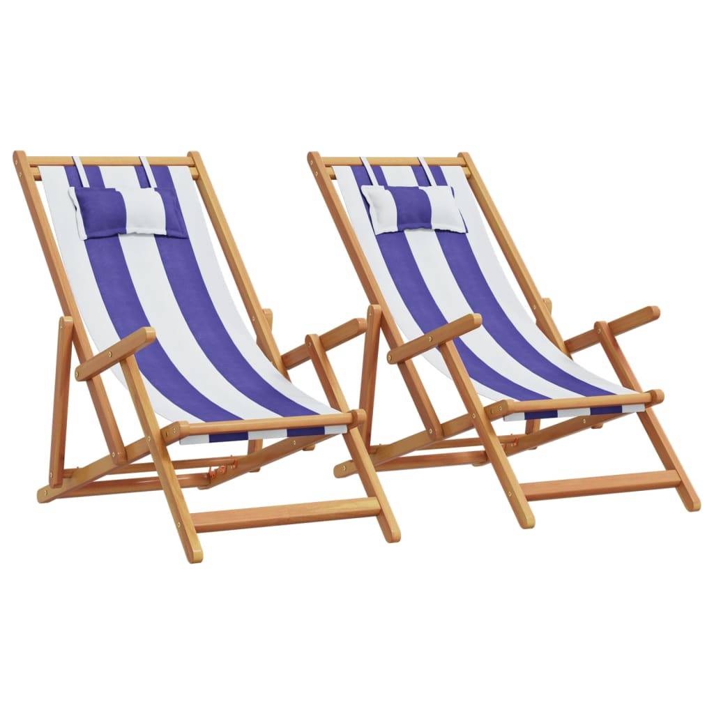 vidaXL Strandstühle 2 Stk. Klappbar Blau Weiß Stoff und Massivholz