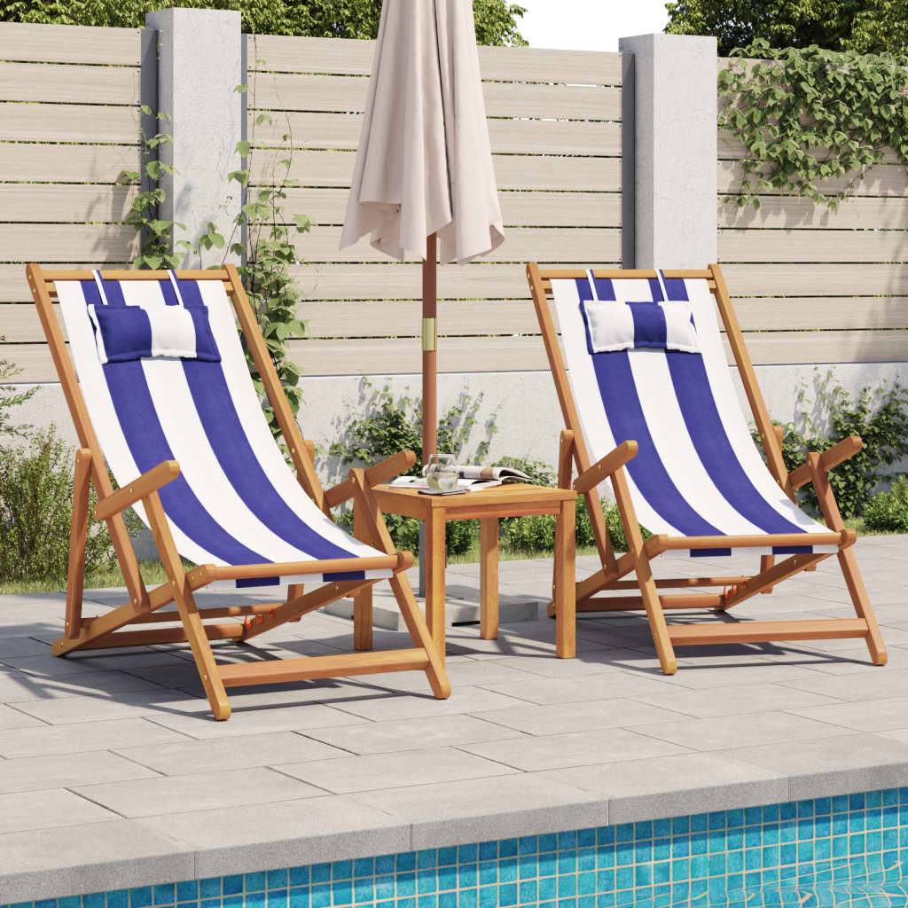 vidaXL Strandstühle 2 Stk. Klappbar Blau Weiß Stoff und Massivholz