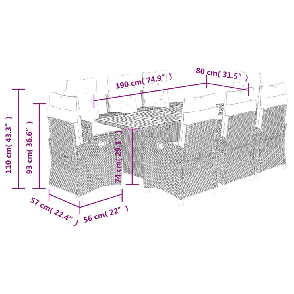 vidaXL 9-tlg. Garten-Essgruppe mit Kissen Grau Poly Rattan
