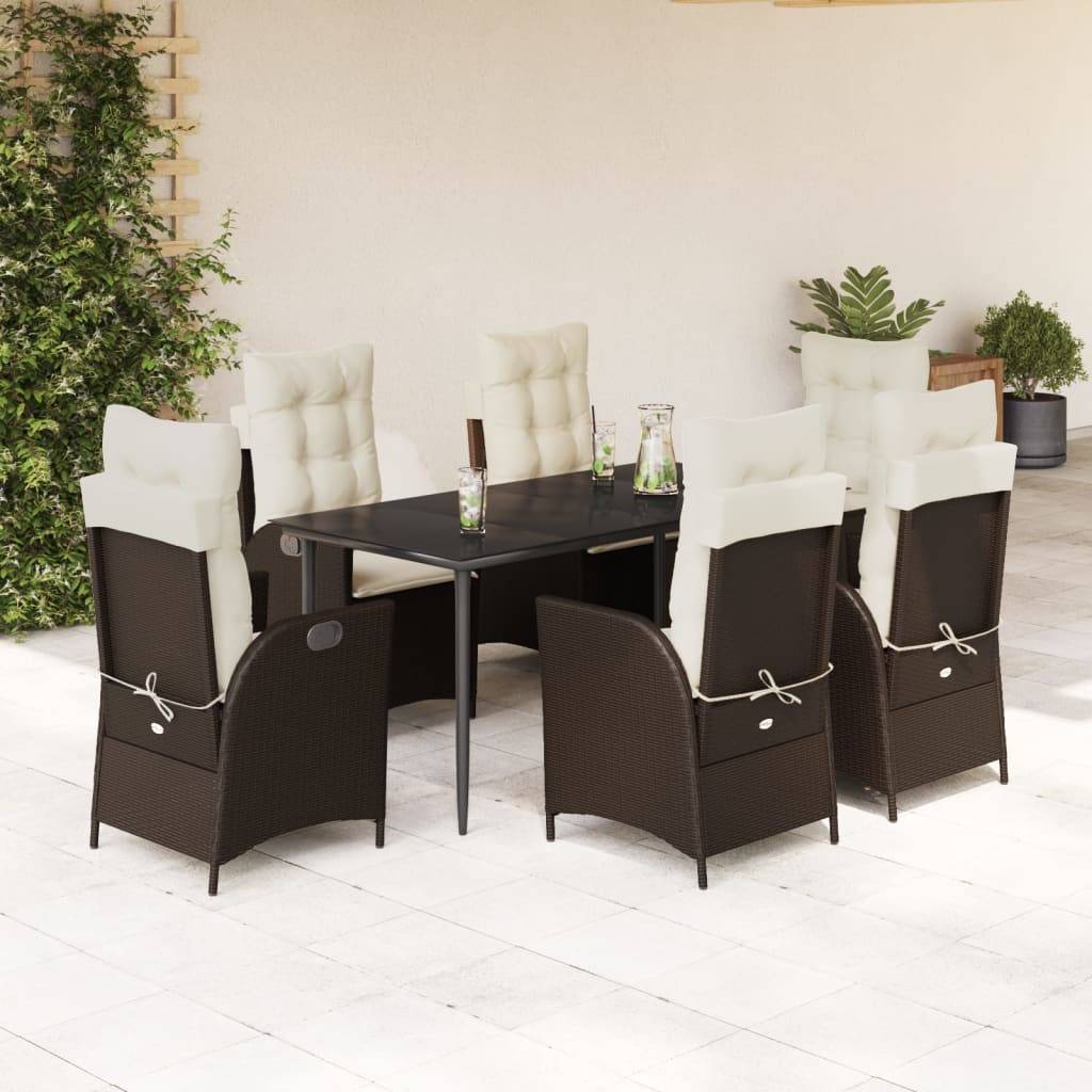vidaXL 7-tlg. Garten-Essgruppe mit Kissen Braun Poly Rattan
