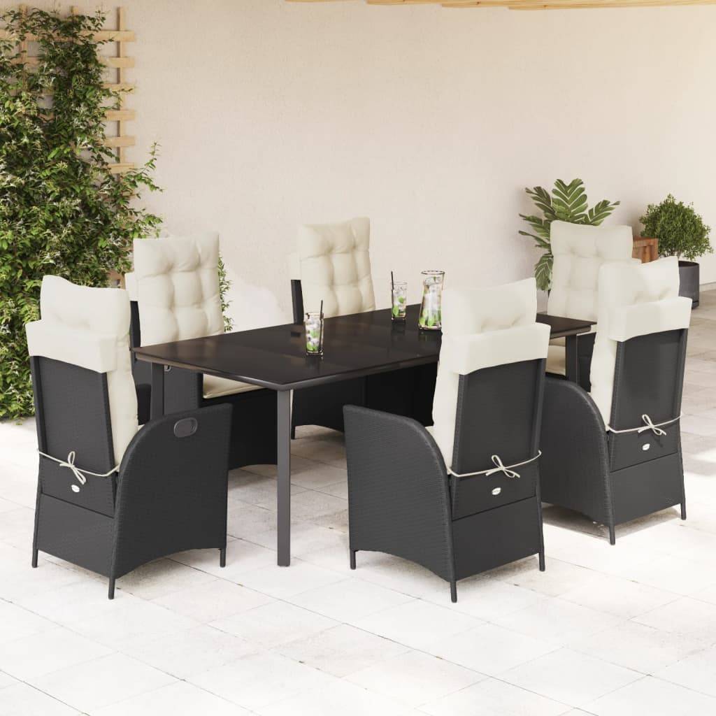 vidaXL 7-tlg. Garten-Essgruppe mit Kissen Schwarz Poly Rattan