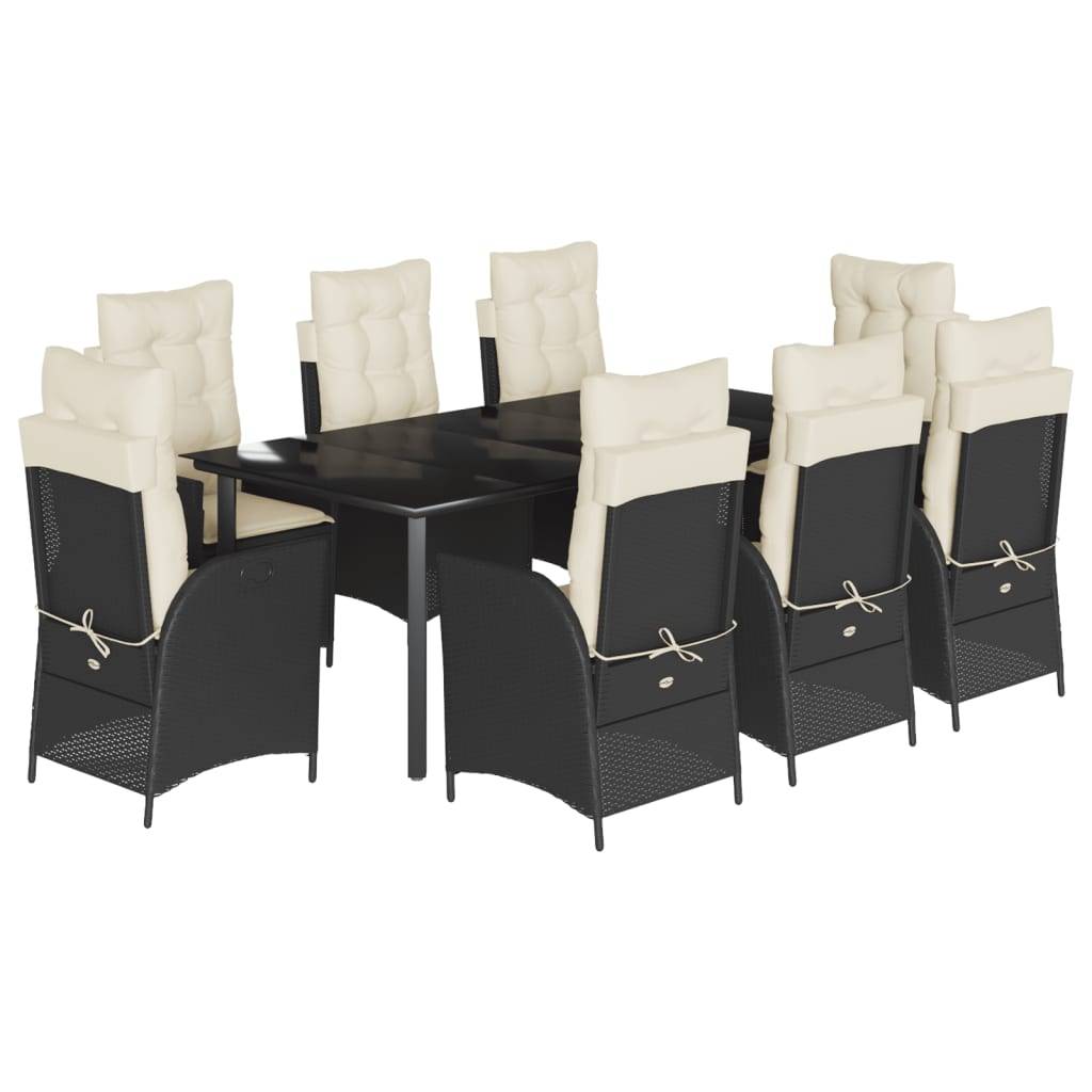 vidaXL 9-tlg. Garten-Essgruppe mit Kissen Schwarz Poly Rattan