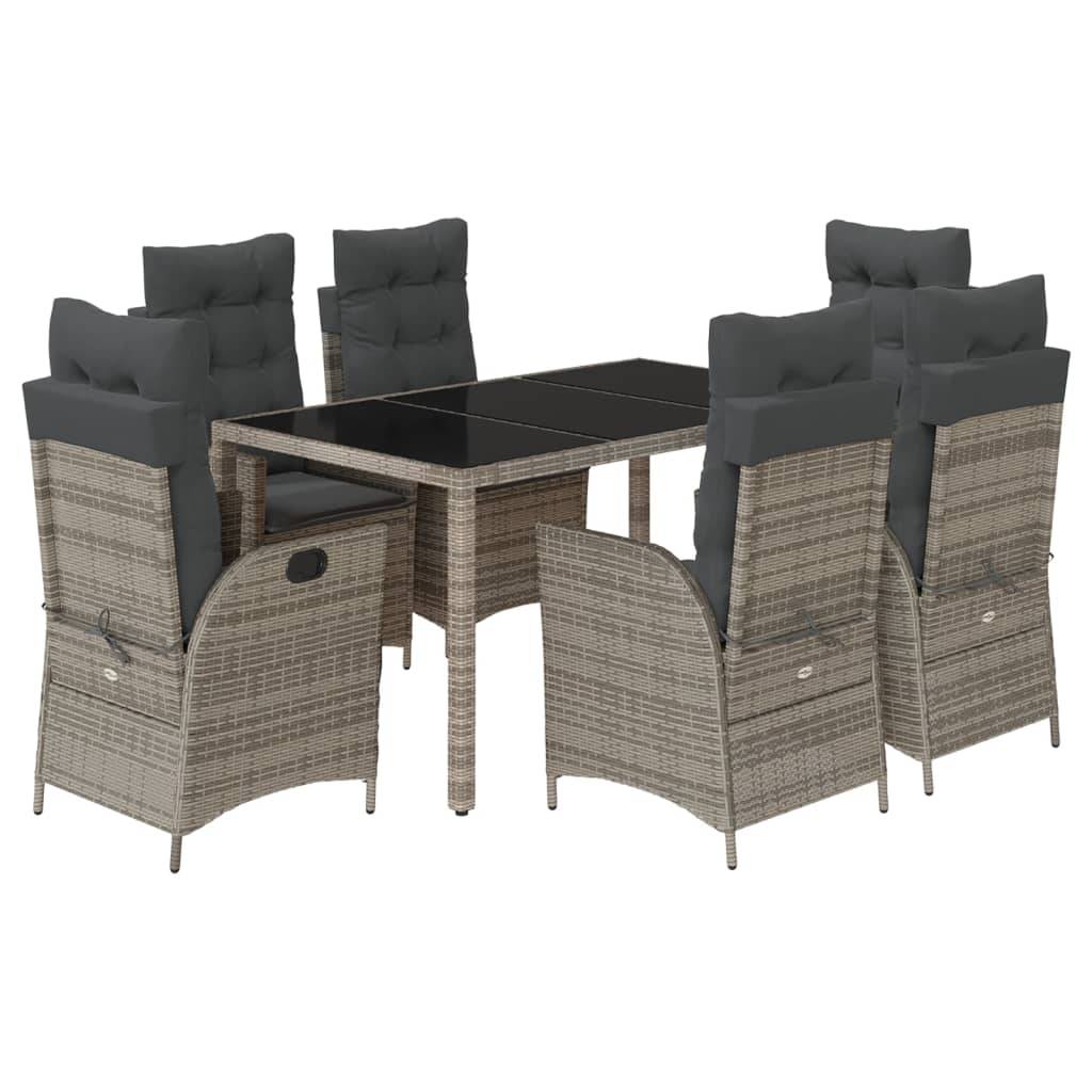 vidaXL 7-tlg. Garten-Essgruppe mit Kissen Grau Poly Rattan