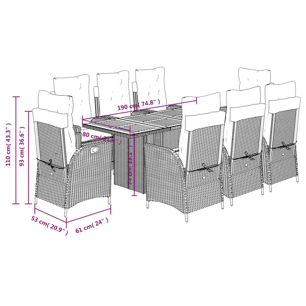 vidaXL 9-tlg. Garten-Essgruppe mit Kissen Grau Poly Rattan