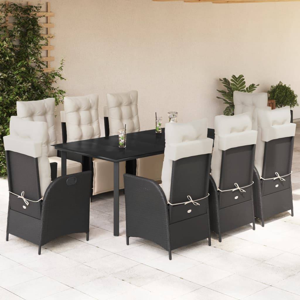 vidaXL 9-tlg. Garten-Essgruppe mit Kissen Schwarz Poly Rattan