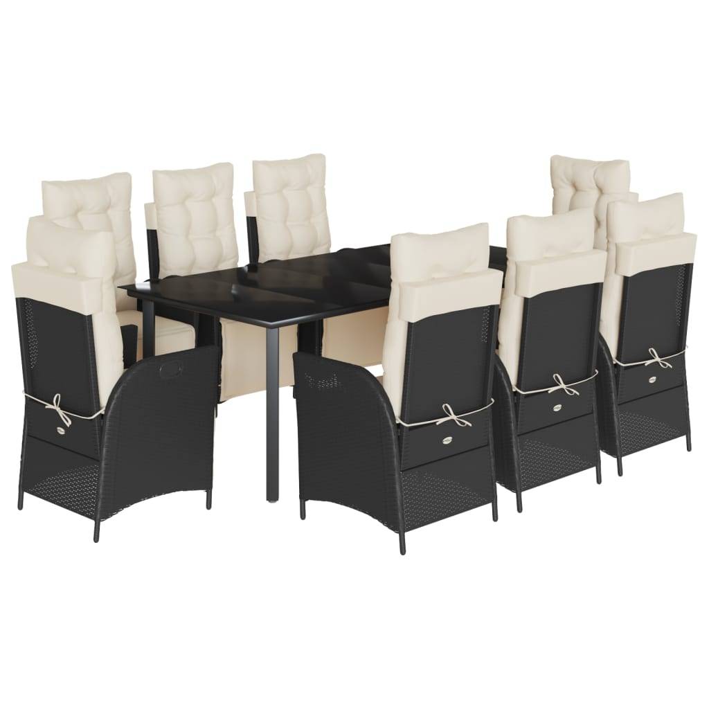 vidaXL 9-tlg. Garten-Essgruppe mit Kissen Schwarz Poly Rattan