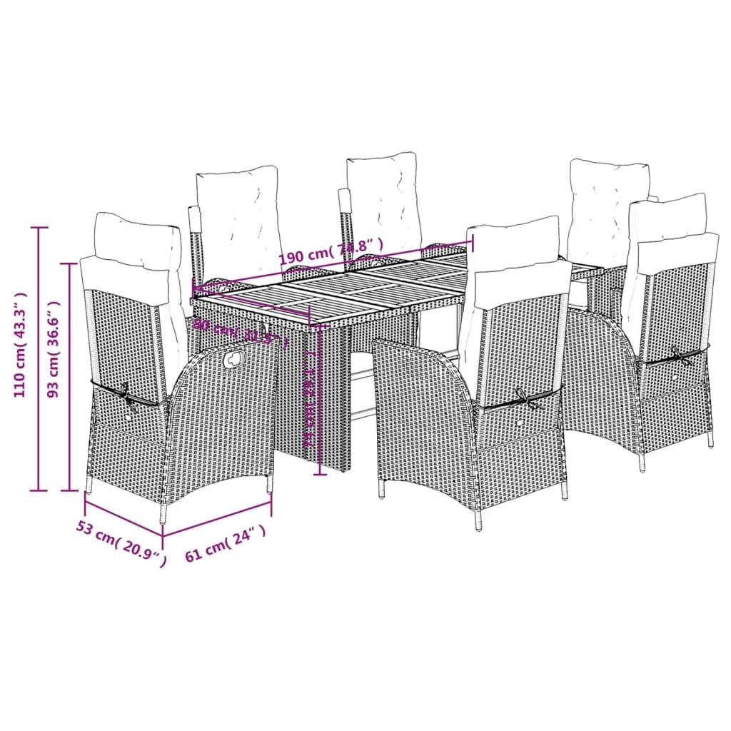 vidaXL 7-tlg. Garten-Essgruppe mit Kissen Grau Poly Rattan