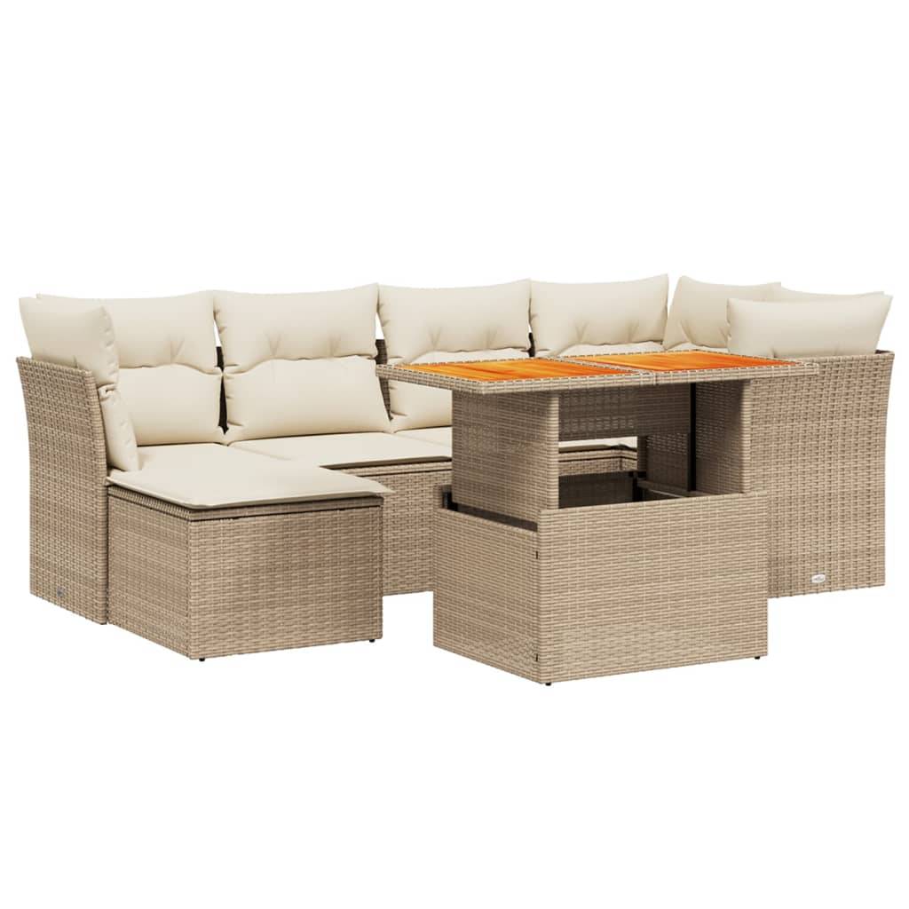 vidaXL 7-tlg. Garten-Sofagarnitur mit Kissen Beige Poly Rattan