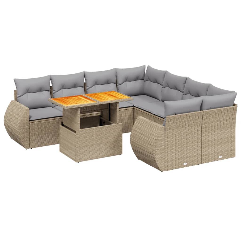 vidaXL 9-tlg. Garten-Sofagarnitur mit Kissen Beige Poly Rattan