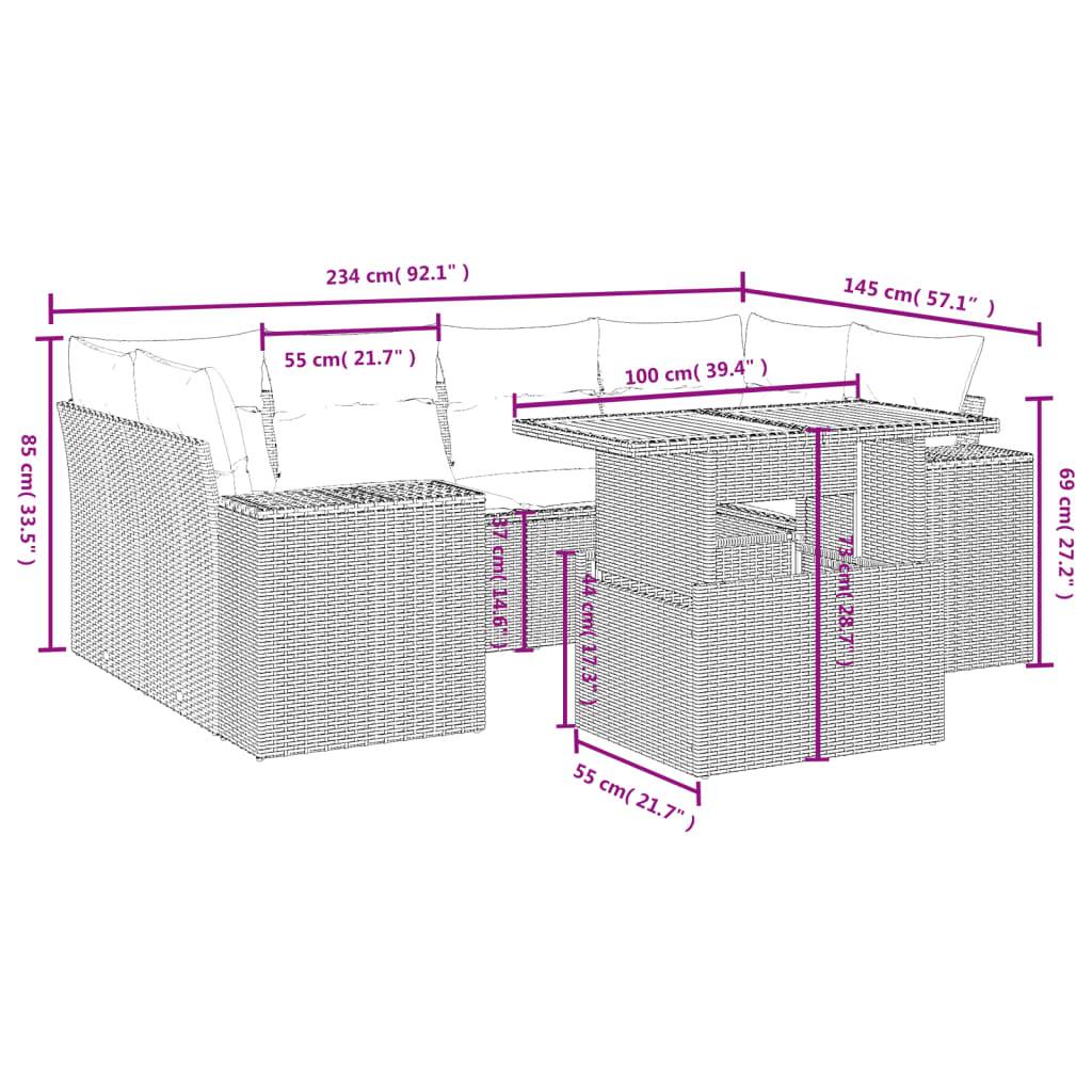 vidaXL 7-tlg. Garten-Sofagarnitur mit Kissen Beige Poly Rattan