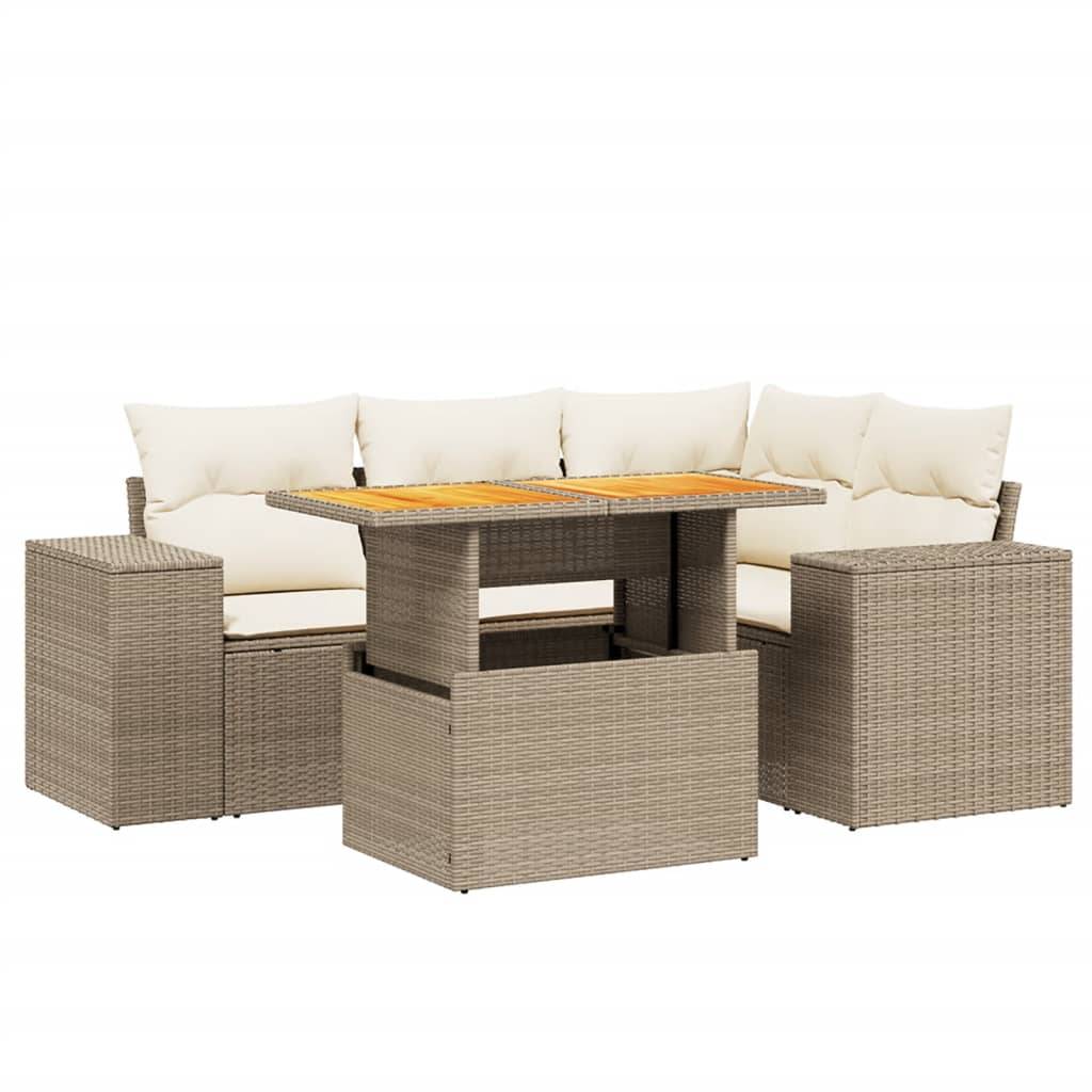 vidaXL 5-tlg. Garten-Sofagarnitur mit Kissen Beige Poly Rattan