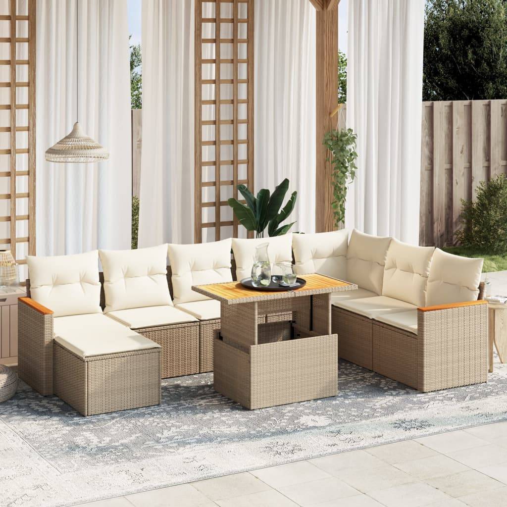 vidaXL 9-tlg. Garten-Sofagarnitur mit Kissen Beige Poly Rattan