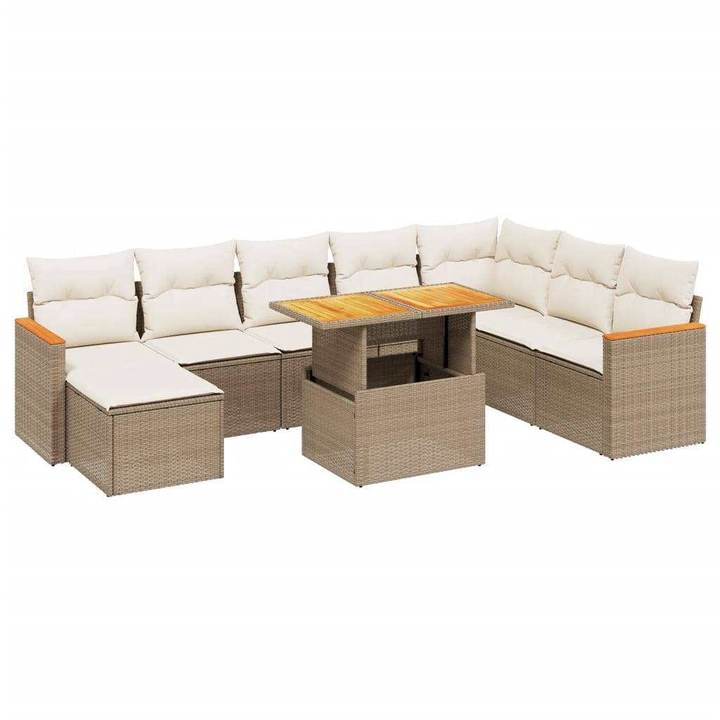 vidaXL 9-tlg. Garten-Sofagarnitur mit Kissen Beige Poly Rattan