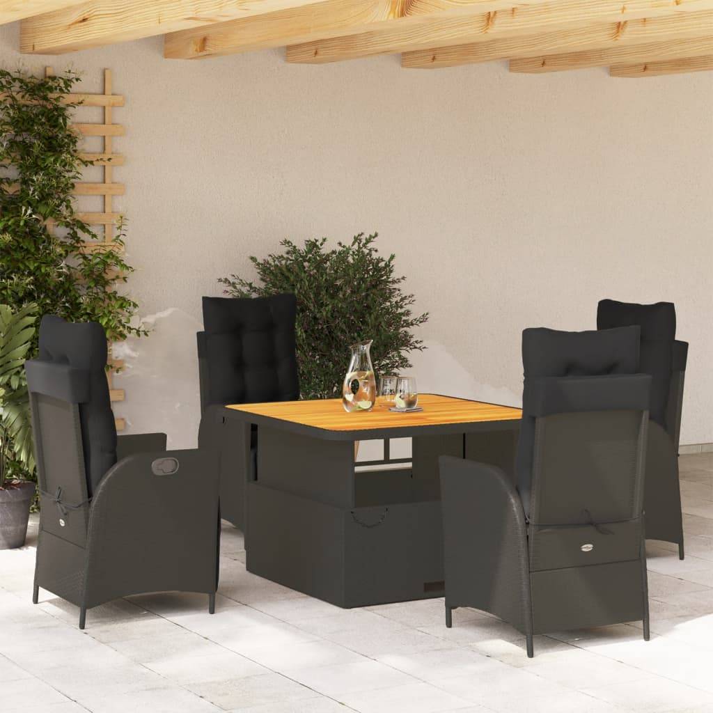 vidaXL 5-tlg. Garten-Essgruppe mit Kissen Schwarz Poly Rattan