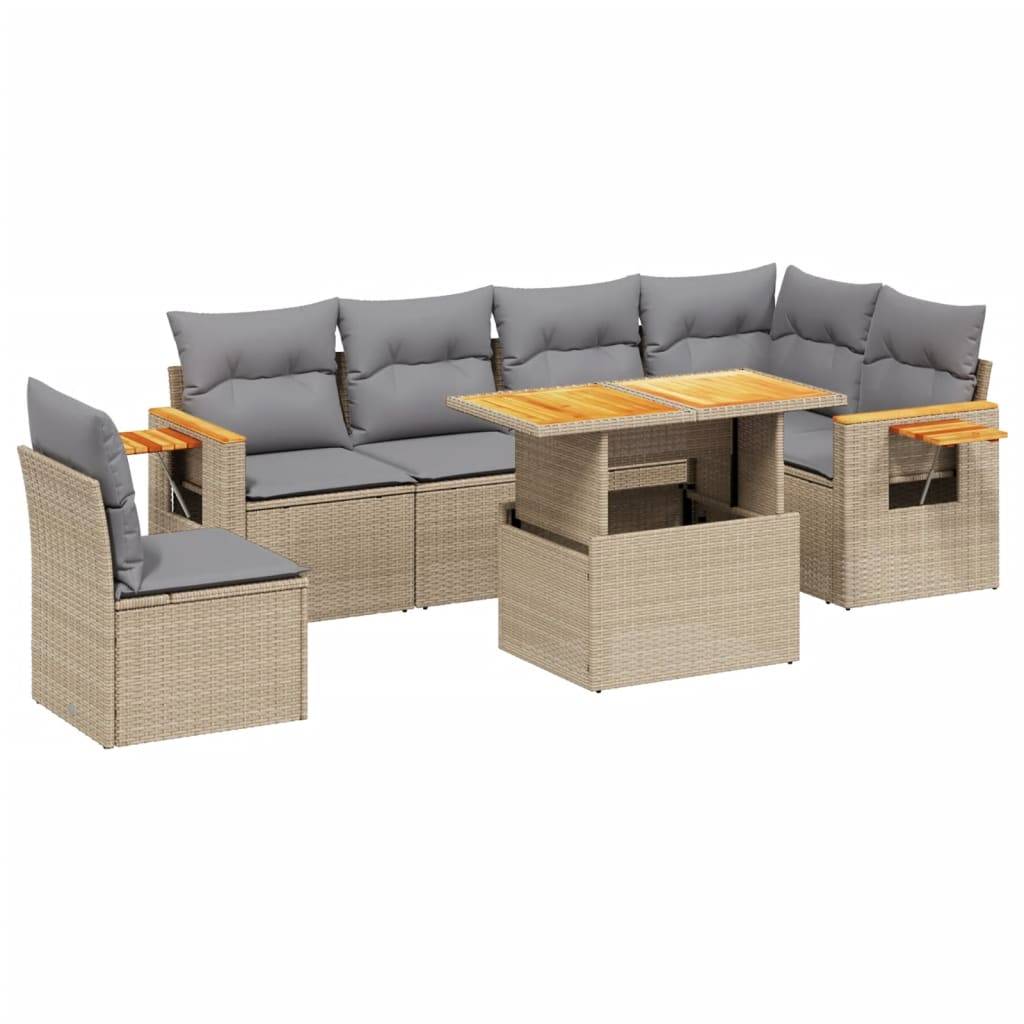 vidaXL 7-tlg. Garten-Sofagarnitur mit Kissen Beige Poly Rattan