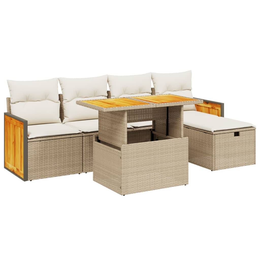 vidaXL 6-tlg. Garten-Sofagarnitur mit Kissen Beige Poly Rattan