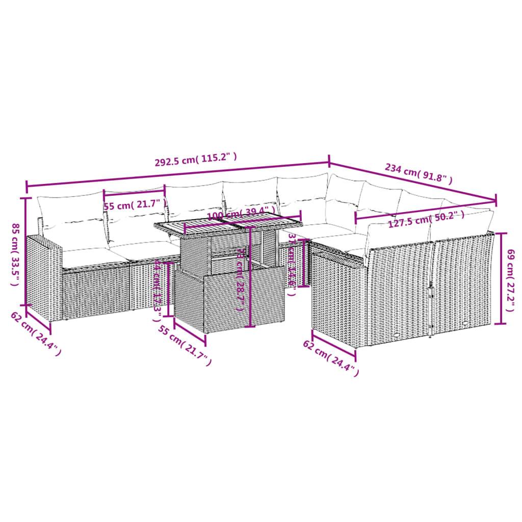 vidaXL 10-tlg. Garten-Sofagarnitur mit Kissen Grau Poly Rattan