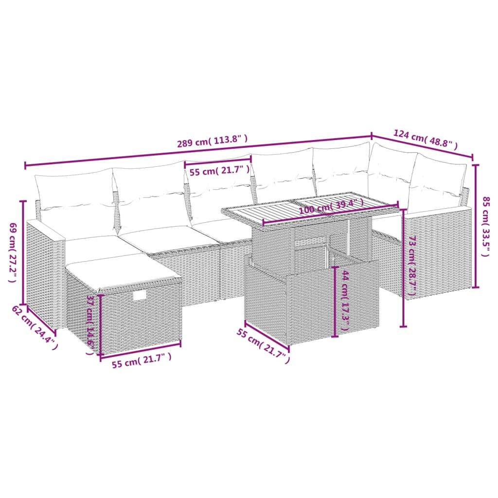 vidaXL 8-tlg. Garten-Sofagarnitur mit Kissen Grau Poly Rattan