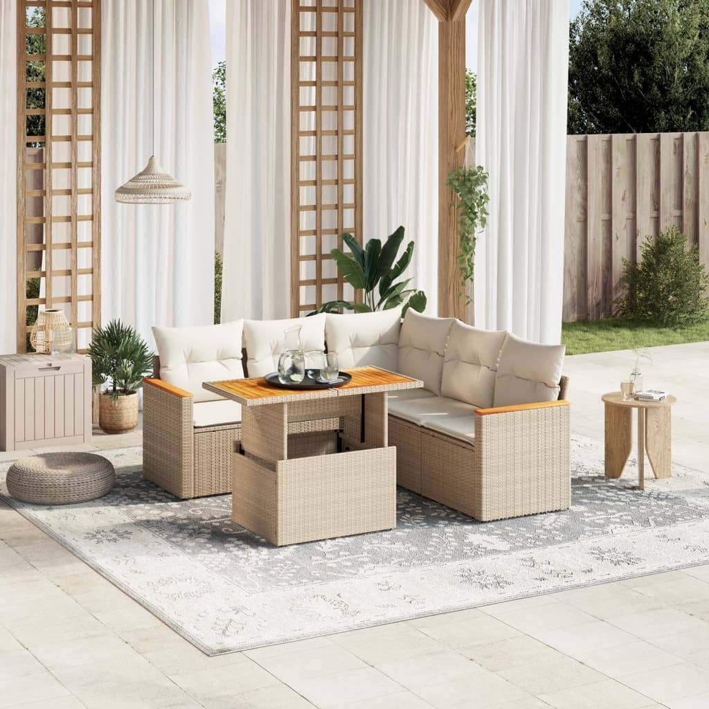 vidaXL 6-tlg. Garten-Sofagarnitur mit Kissen Beige Poly Rattan