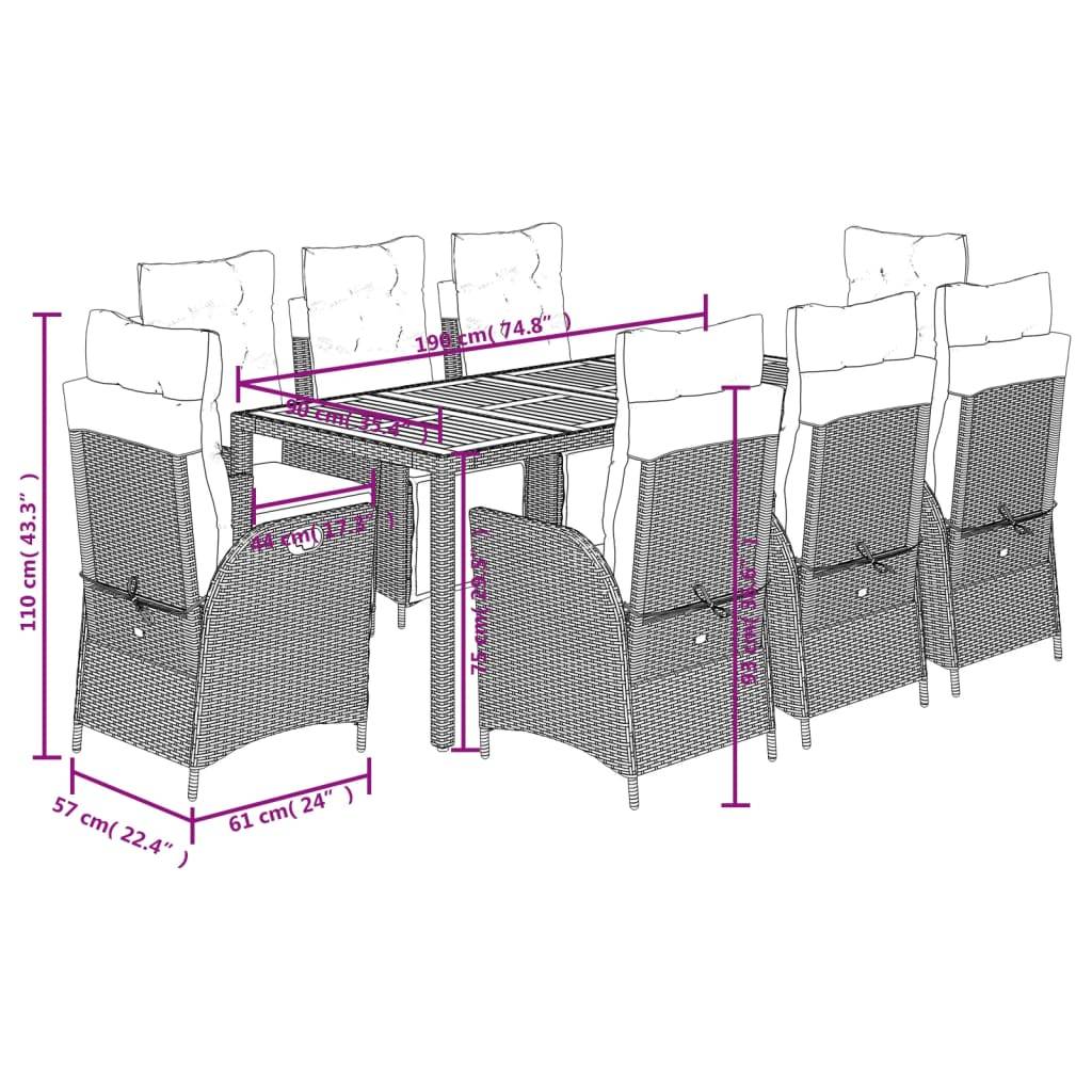 vidaXL 9-tlg. Garten-Essgruppe mit Kissen Grau Poly Rattan