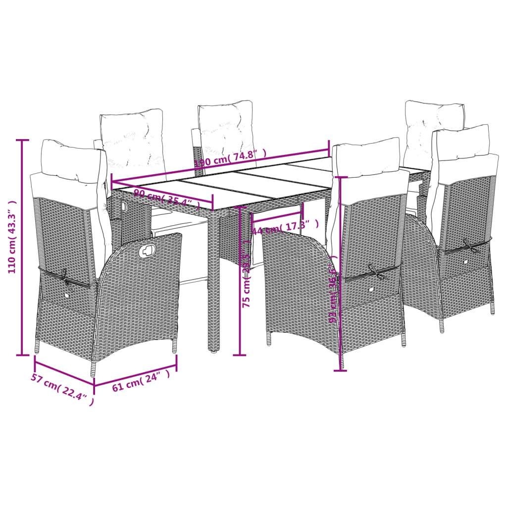 vidaXL 7-tlg. Garten-Essgruppe mit Kissen Schwarz Poly Rattan