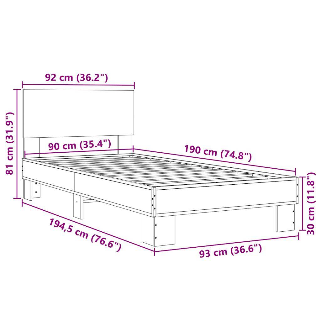 vidaXL Bettgestell Braun Eichen-Optik 90x190 cm Holzwerkstoff Metall