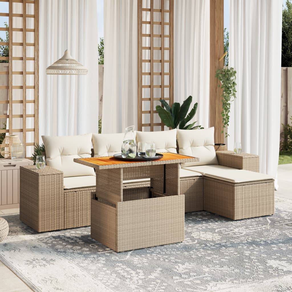 vidaXL 6-tlg. Garten-Sofagarnitur mit Kissen Beige Poly Rattan