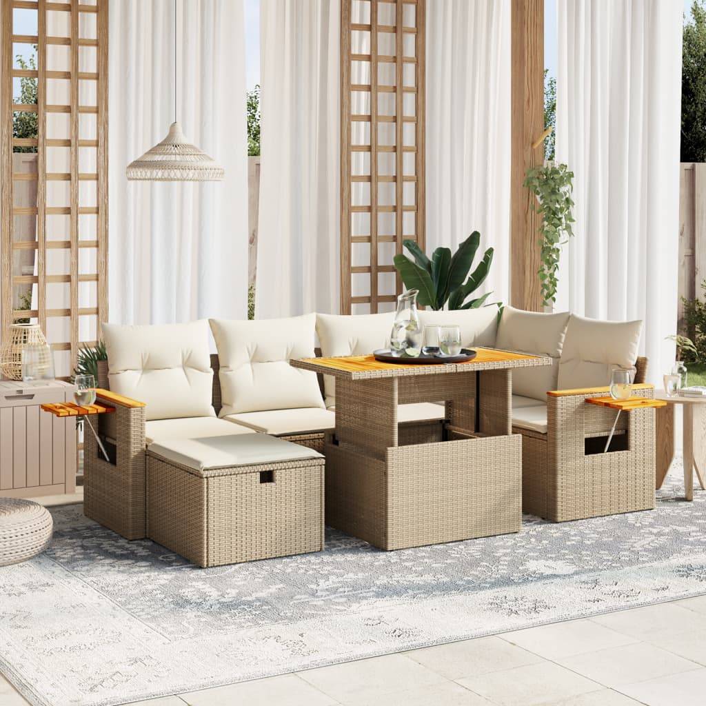 vidaXL 7-tlg. Garten-Sofagarnitur mit Kissen Beige Poly Rattan