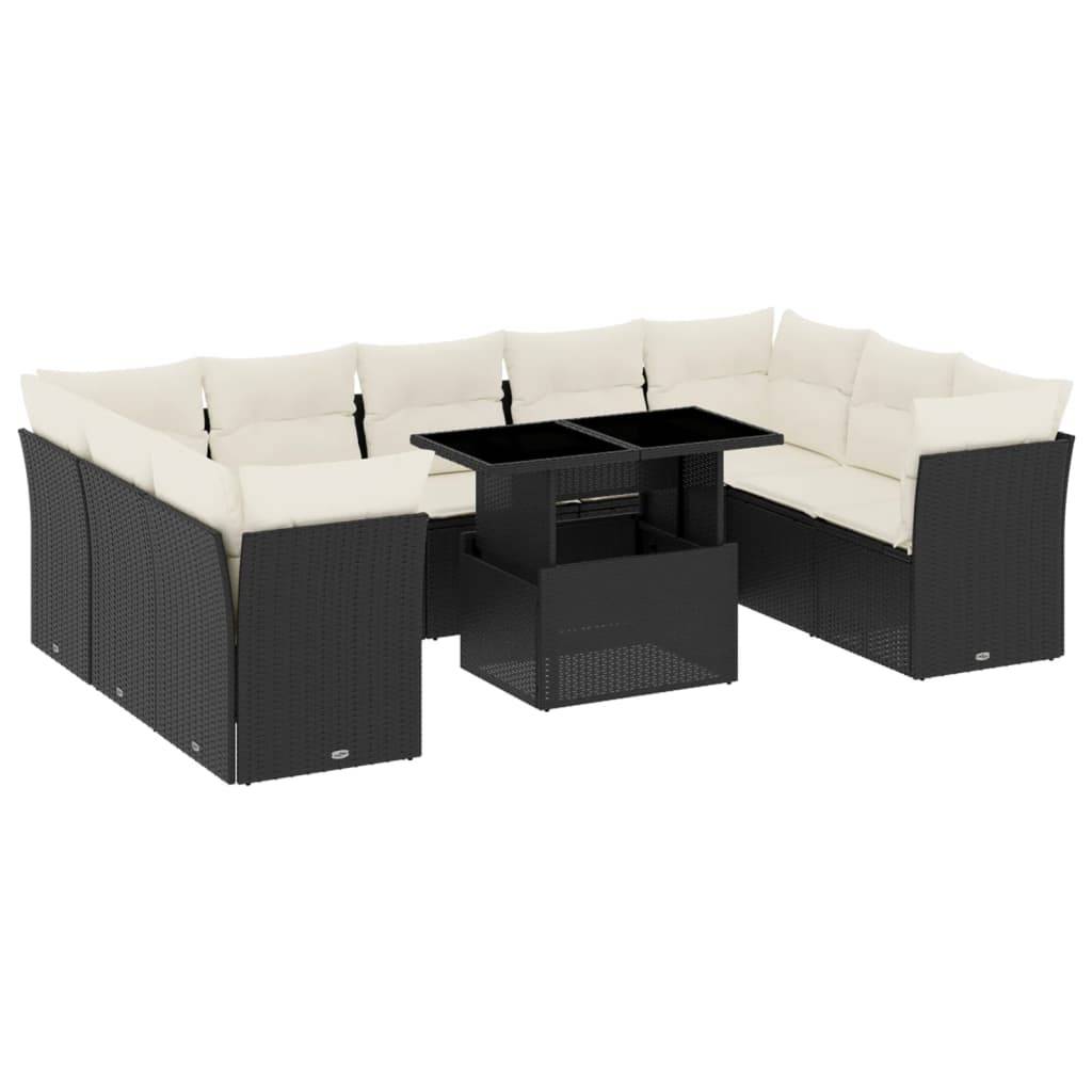 vidaXL 10-tlg. Garten-Sofagarnitur mit Kissen Schwarz Poly Rattan