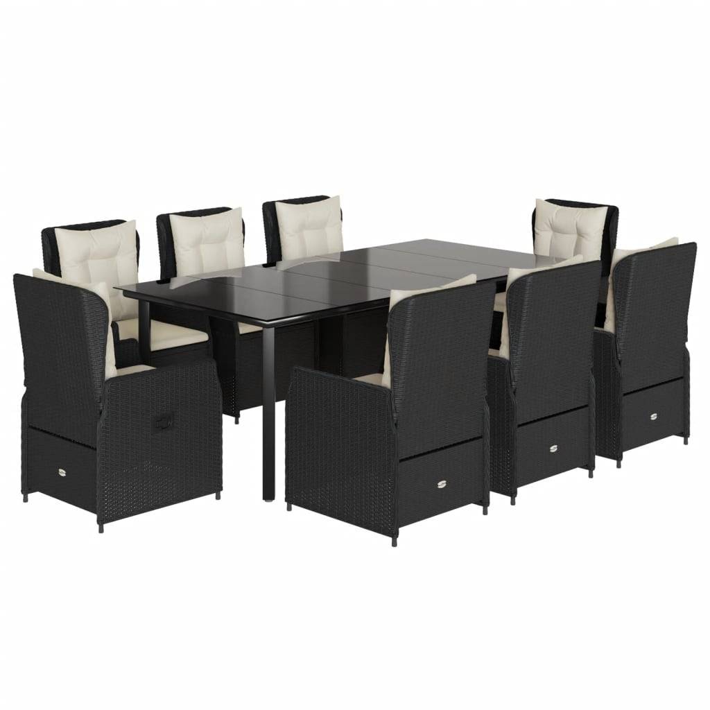 vidaXL 9-tlg. Garten-Essgruppe mit Kissen Schwarz Poly Rattan