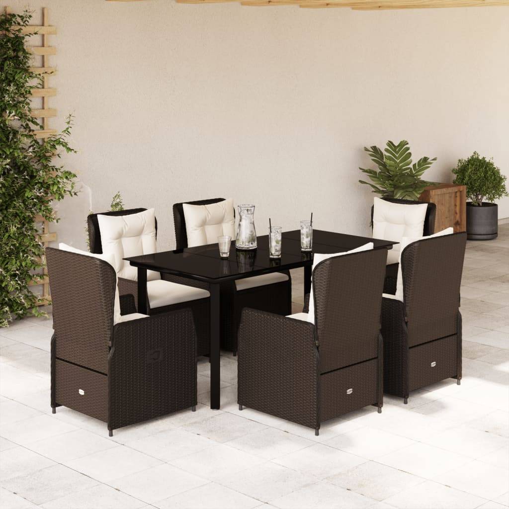 vidaXL 7-tlg. Garten-Essgruppe mit Kissen Braun Poly Rattan